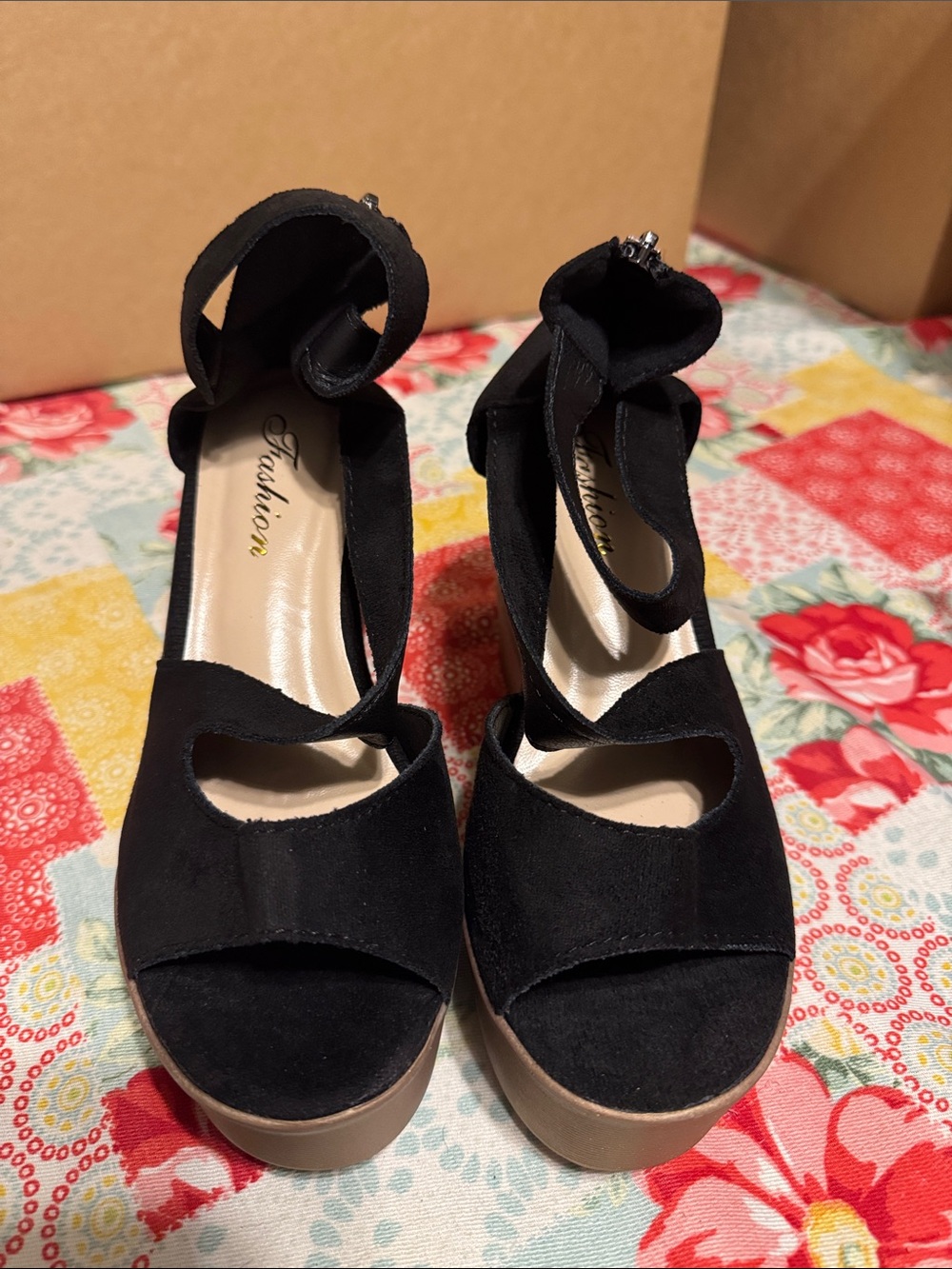Black Suede Platform Sandals with Ankle Wrap